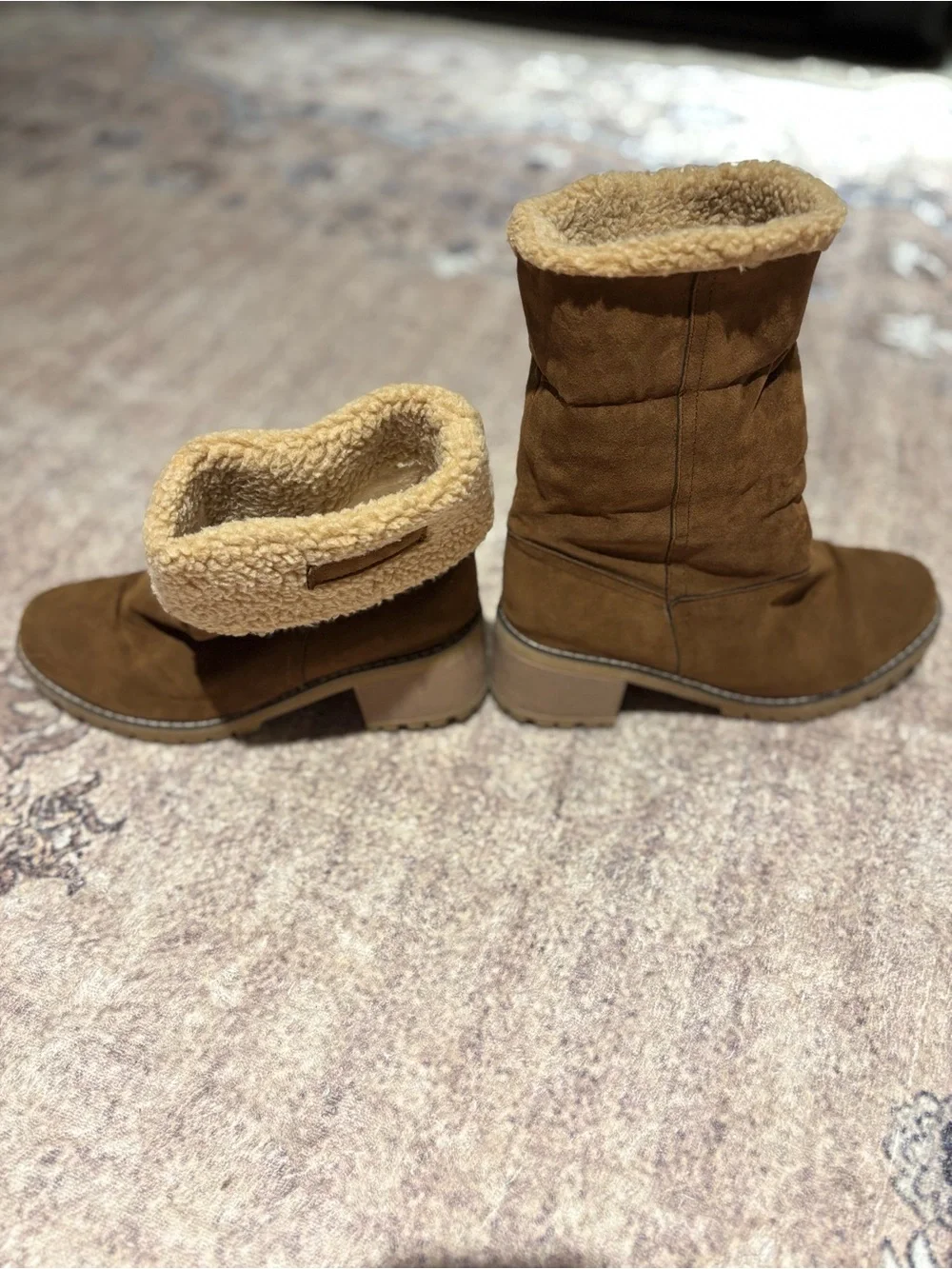 Women's Brown Suede Shearling Cuff Winter Boots
